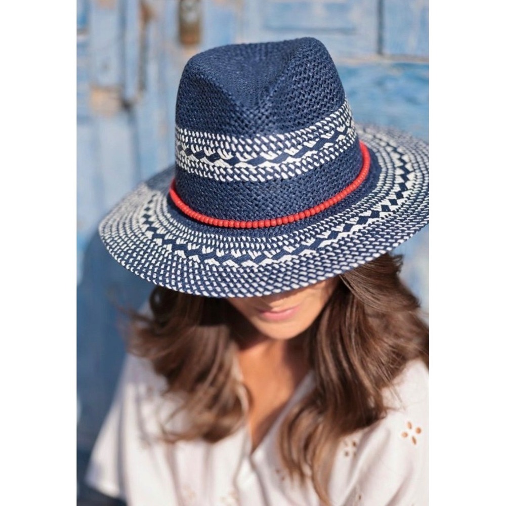 Shiraleah Navy Straw Fedora with White Pattern and Red Band